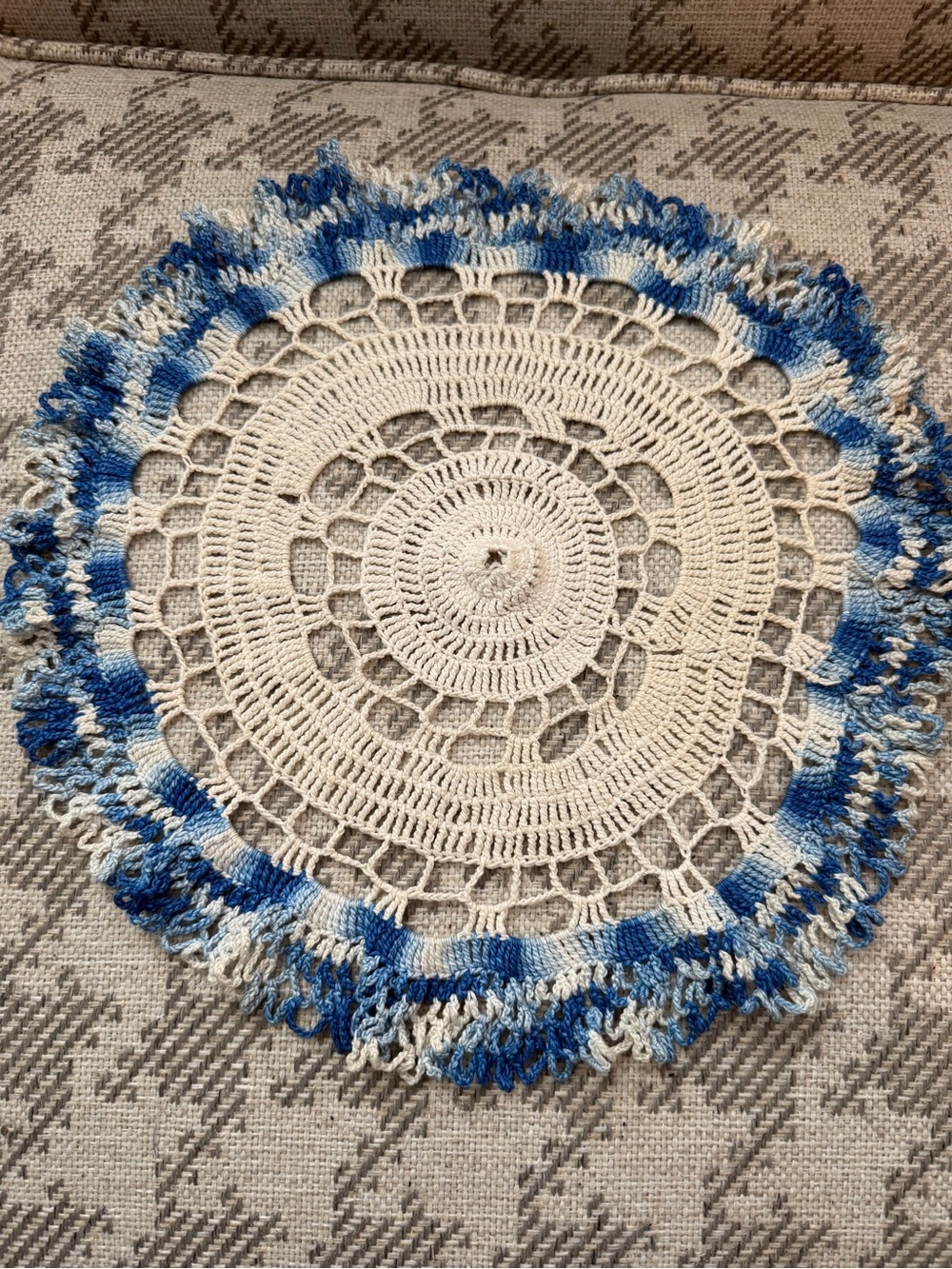 Vintage Hand Crochet Ruffle Doily ✦ Blue & Cream Lace ✦ Cottagecore Coquette